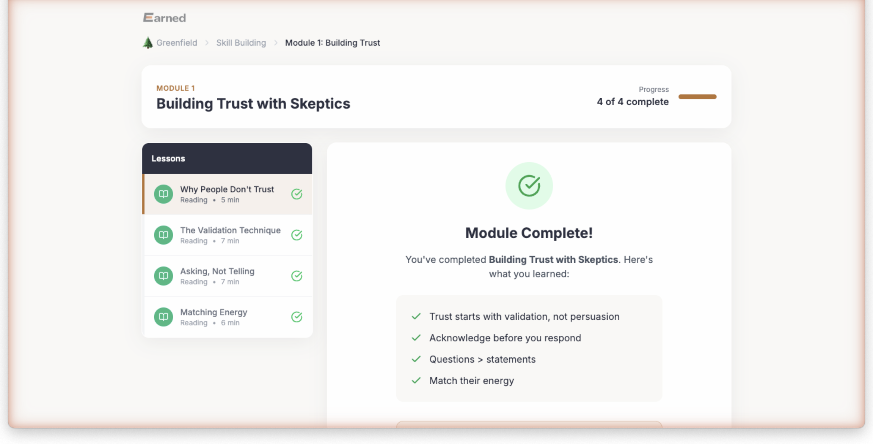 Skill-building module — Building Trust with Skeptics, 4 lessons complete