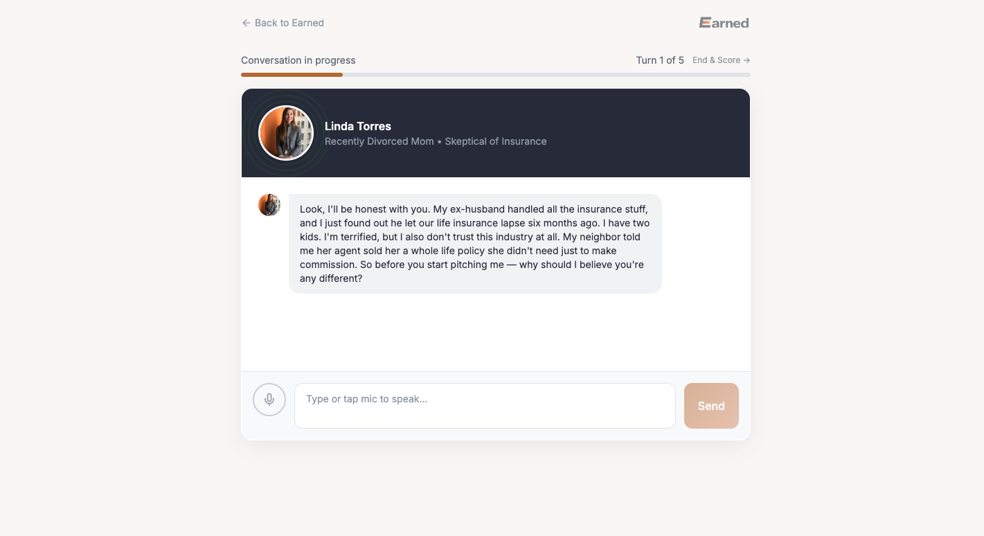 AI sales simulation — candidate responds to a skeptical insurance prospect